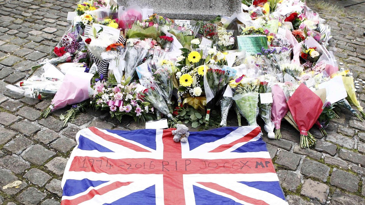 A union flag is left in tribute to Labour Member of Parliament Jo Cox in Birstal near Leeds