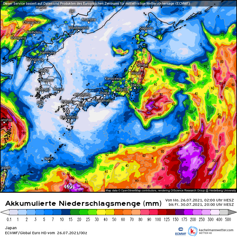Największe opady Nepartak przyniesie na otwartym oceanie oraz na północ od Tokio