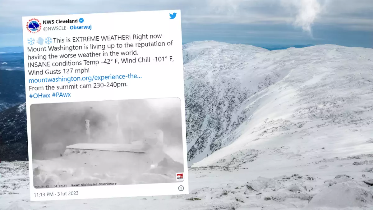 Ekstremalna pogoda została zarejestrowana na Górze Waszyngtona w USA (screen: Twitter.com/NWSCLE)