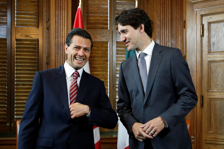 Canadian Prime Minister Justin Trudeau, right, meets with Mexican President Enrique Pena Nieto in Trudeau's office on Parliament Hill in Ottawa, Ontario, Canada, June 28, 2016.