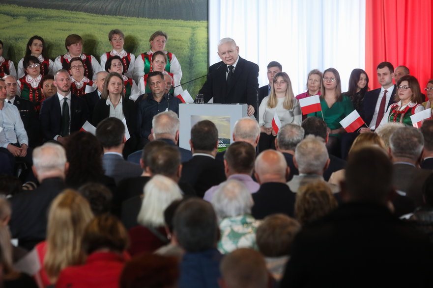 Jarosław Kaczyński na konwencji rolnej PiS w Łysem, 15.04.2023