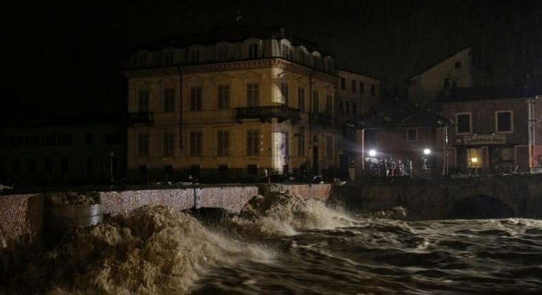 A picture shows the Tanaro river during floods due to bad weather in Garessio, on November 24, 2016