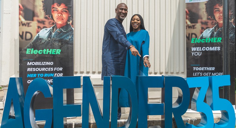 Chairman, Platform Capital, Dr Akintoye Akindele (left) and Executive Director and Co-founder, ElectHER, Ibijoke Faborode at the unveiling of Agender35 in Lagos on March 1, 2021