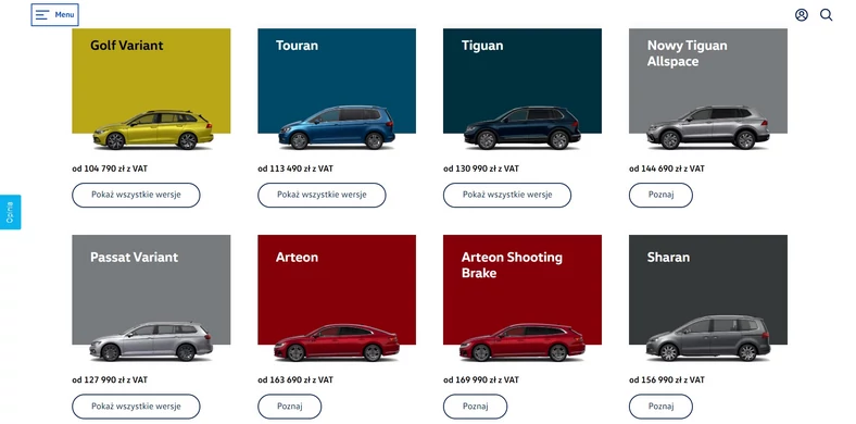 Zrzut ekranu przedstawiający konfigurator VW. Jest tylko Passat Variant