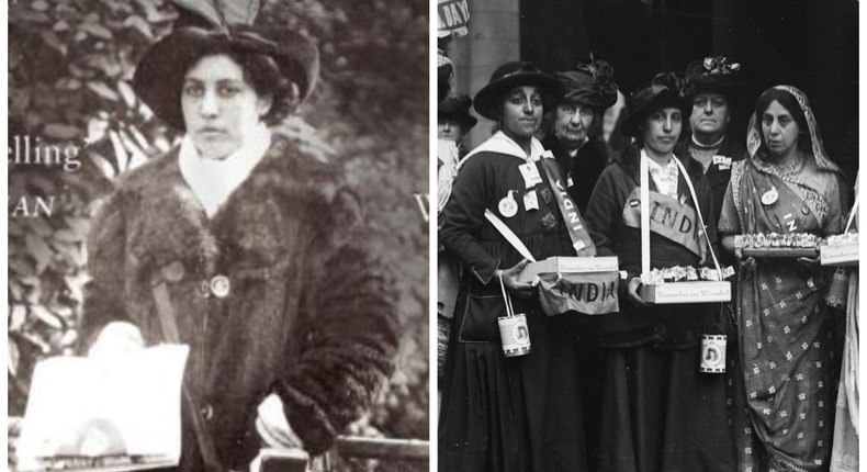 Sophia Duleep Singh is photographed on the cover of Sophia, a biography by Anita Anand, left. Sophia is pictured with a group of women collecting donations for soldiers during World War I, right.Bloomsbury Paperbacks/Amazon, Topical Press Agency/Hulton Archive/Getty Images