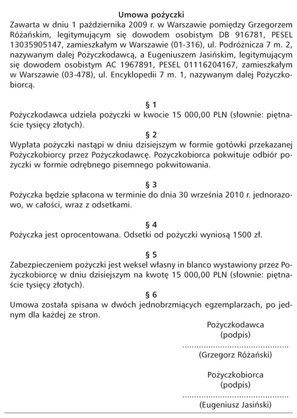 WZÓR UMOWY POŻYCZKI