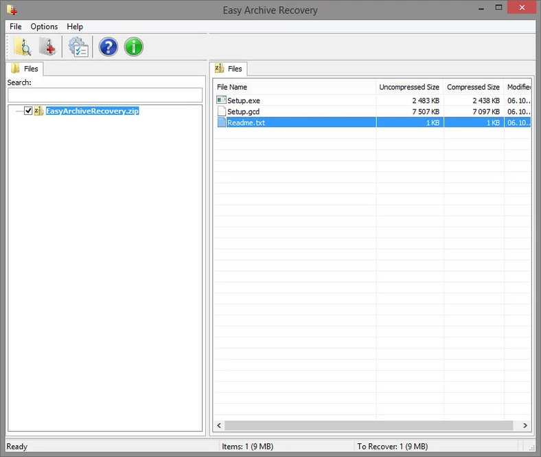 Główne okno programu do odzyskiwania danych z uszkodzonych archiwów ZIP i RAR - Easy Archive Recovery