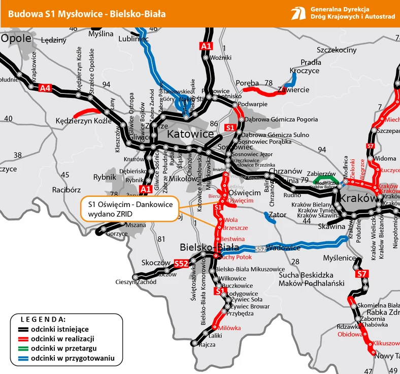 Planowane odcinko drogi S1 do Bielska-Białej