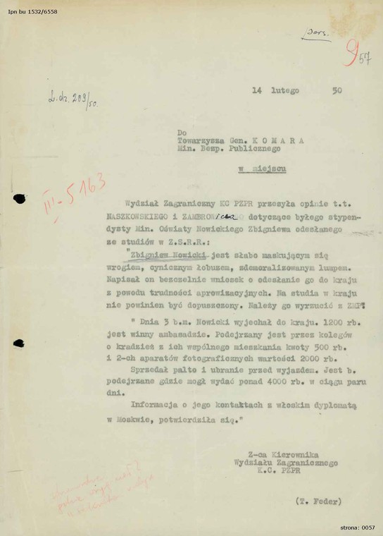 Opinia Zastępczyni Kierownika Wydziału Zagranicznego KC PZPR Teodory Feder na temat Nienackiego z dnia 14 lutego 1950 roku – fot. IPN Bu 1532/6558, k. 57