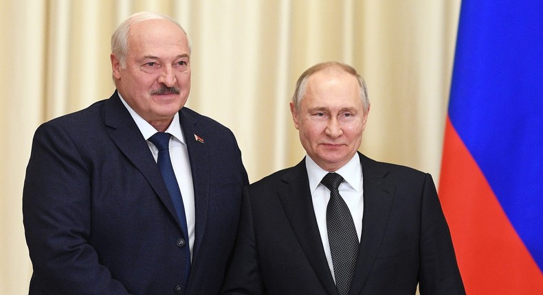 Russian President Vladimir Putin, right, and Belarusian President Alexander Lukashenko shake hands during their meeting at the Novo-Ogaryovo state residence, outside Moscow, Russia, Friday, Feb. 17, 2023Vladimir Astapkovich, Sputnik, Kremlin Pool Photo via AP