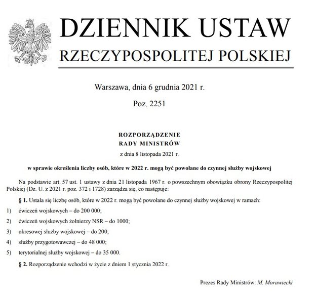 Liczbę powołań na 2022 r. ustalono w grudniu ubiegłego roku.