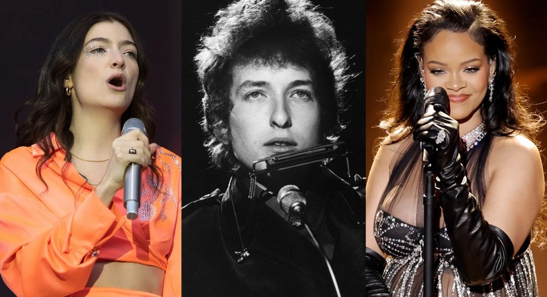 Lorde, Bob Dylan, and Rihanna.Jo Hale/Val Wilmer/Redferns; Kevin Winter/Getty Images