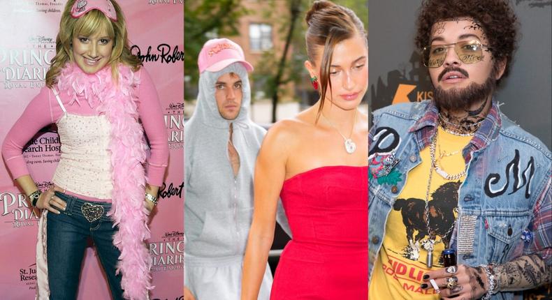Ashley Tisdale at The Princess Diaries 2 pajama party in December 2004 (left), Justin and Hailey Bieber in New York City (center), and Rita Ora as Post Malone at the Kiss Haunted House Party in 2018 (right).Amanda Edwards/Getty Images, Gotham/GC Images / Getty Images, Jo Hale/Redferns/Getty Images
