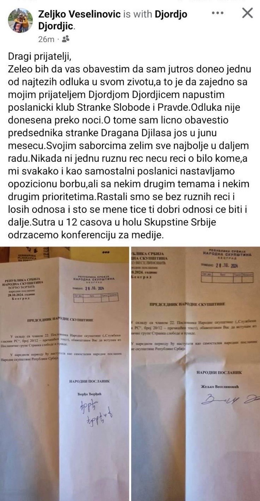 Željko Veselinović i Đorđo Đorđić odlučili da napuste poslanički klub SSP