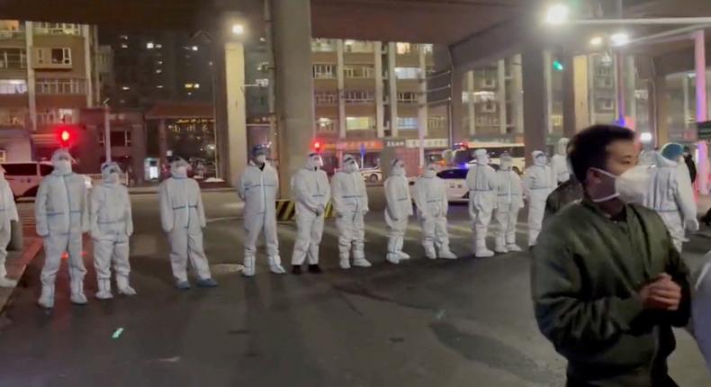 Protests against coronavirus disease (COVID-19) outbreak measures in Urumqi city, Xinjiang Uygur, China in this screen grab obtained from a video released November 25, 2022.Reuters