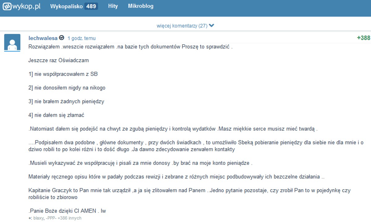 Wpis Wałęsy na mikroblogu
