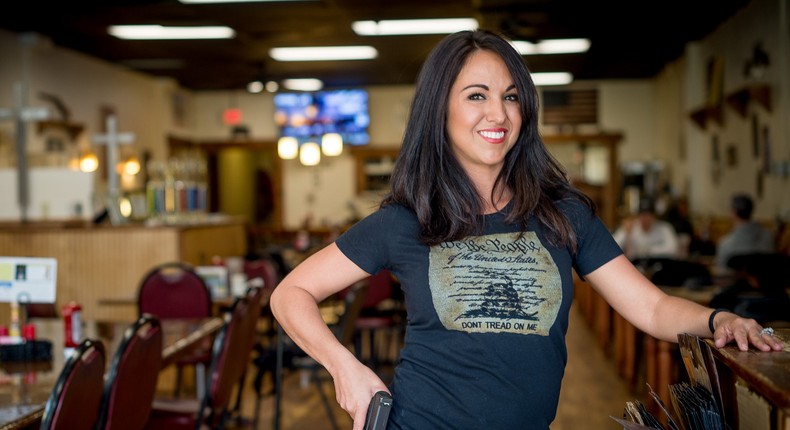 Lauren Boebert poses for a portrait at Shooters Grill in Rifle, Colorado on April 24, 2018