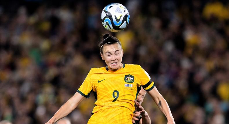 Australia's Caitlin Foord heads the ball during the Matildas' first match of the 2023 World Cup.Damian Briggs/Speed Media/Icon Sportswire via Getty Images