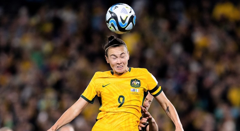 Australia's Caitlin Foord heads the ball during the Matildas' first match of the 2023 World Cup.Damian Briggs/Speed Media/Icon Sportswire via Getty Images