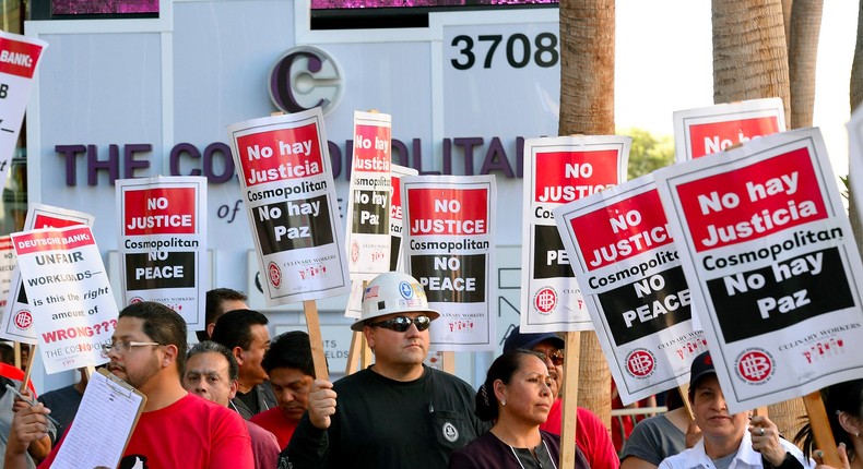 Union workers picketing outside The Cosmopolitan of Las Vegas in 2013.