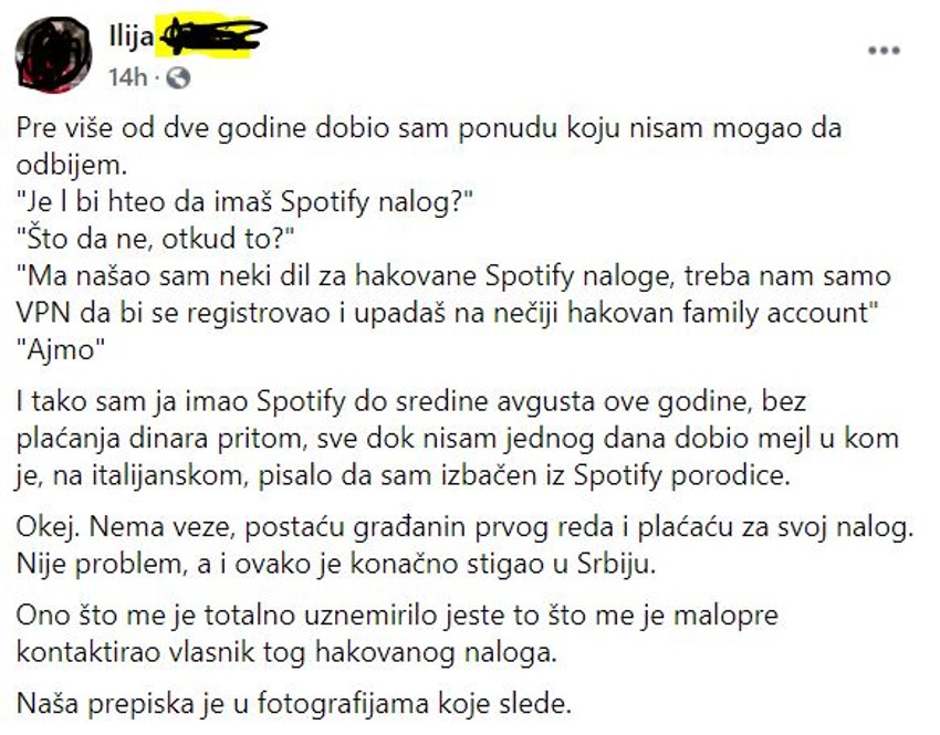 Ilijin status na Fejsbuku