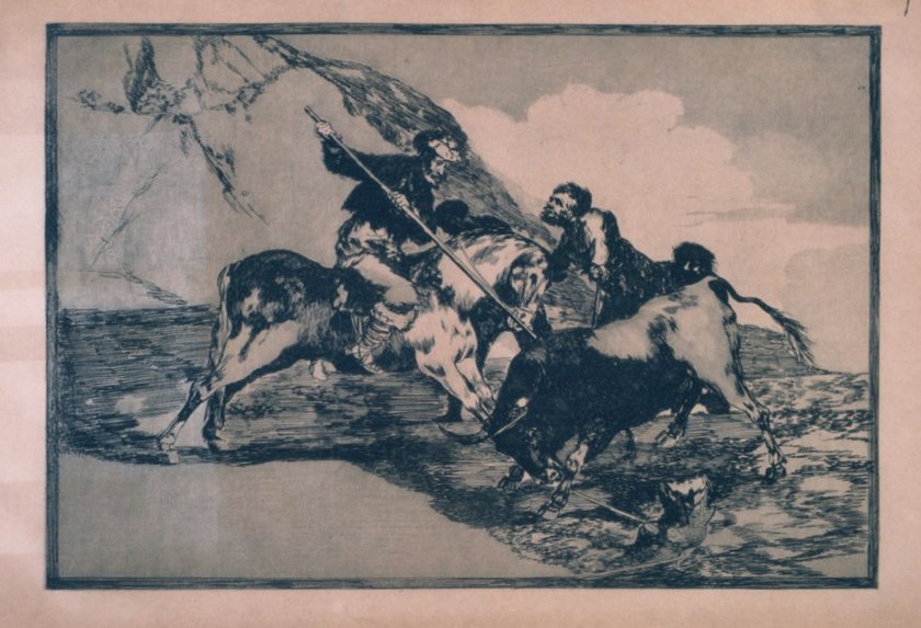 Francisco de Goya, Sposób, w jaki starożytni Hiszpanie polowali konno na byki w otwartym polu, 1814-1816, z cyklu: Tauromachia, akwaforta, akwatinta i sucha igła,29,9 x 40,7 cm, edycja: 1937, kolekcja Art Camu, Sardynia