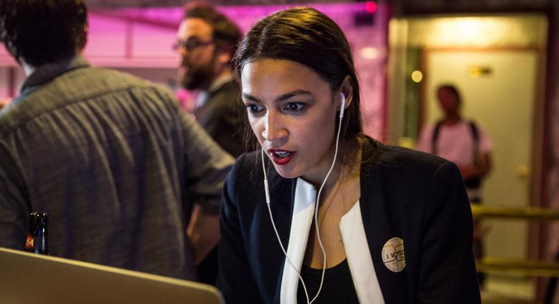 Progressive challenger Alexandria Ocasio-Cortez celebrates at a victory party in the Bronx after upsetting incumbent Democratic Representative Joseph Crowley on June 26, 2018 in New York City. Ocasio-Cortez upset Rep. Joseph Crowley in New York’s 14th Congressional District, which includes parts of the Bronx and Queens.