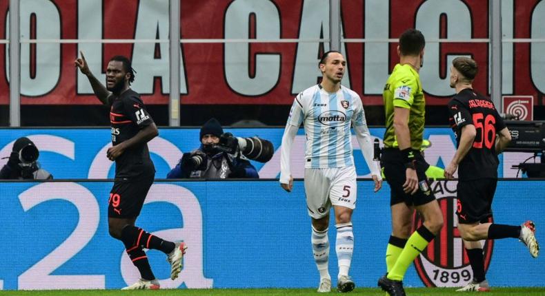 Franck Kessie (L) celebrates after scoring the opening goal for AC Milan Creator: MIGUEL MEDINA