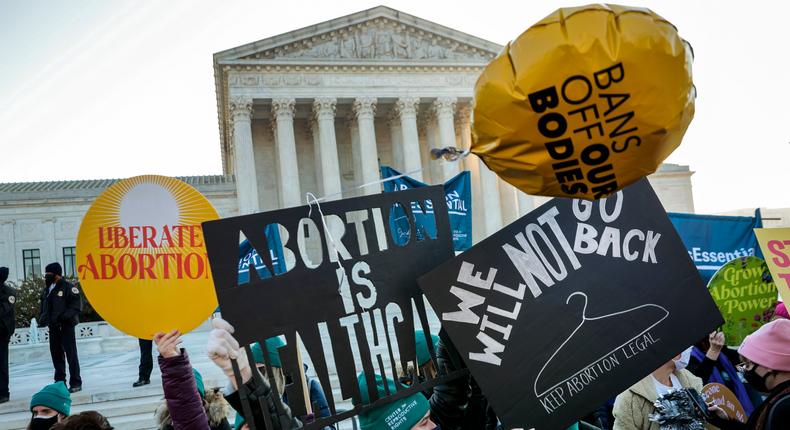 Protesters, demonstrators and activists gather in front of the U.S. Supreme Court as the justices hear arguments in Dobbs v. Jackson Women's Health, a case about a Mississippi law that bans most abortions after 15 weeks, on December 01, 2021.