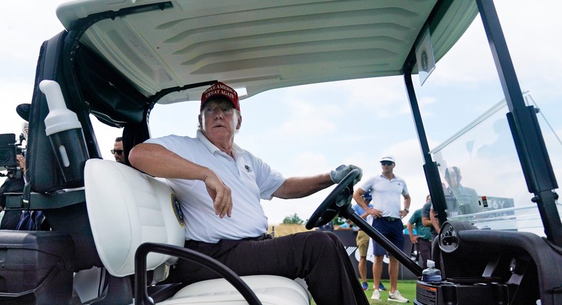 Former President Donald Trump arrives for the pro-am at the Bedminster Invitational LIV Golf tournament in Bedminster, NJ., Thursday, July 28, 2022.AP Photo/Seth Wenig