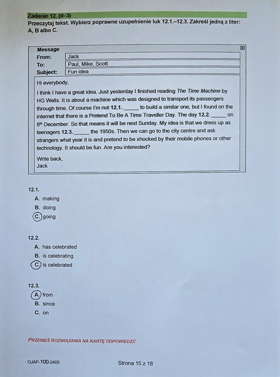 Egzamin ósmoklasisty 2024. Język angielski [ARKUSZE CKE i ODPOWIEDZI]. Zadanie 12