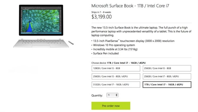 Surface Book w najbogatszej wersji oznacza wydatek rzędu 3199 dolarów