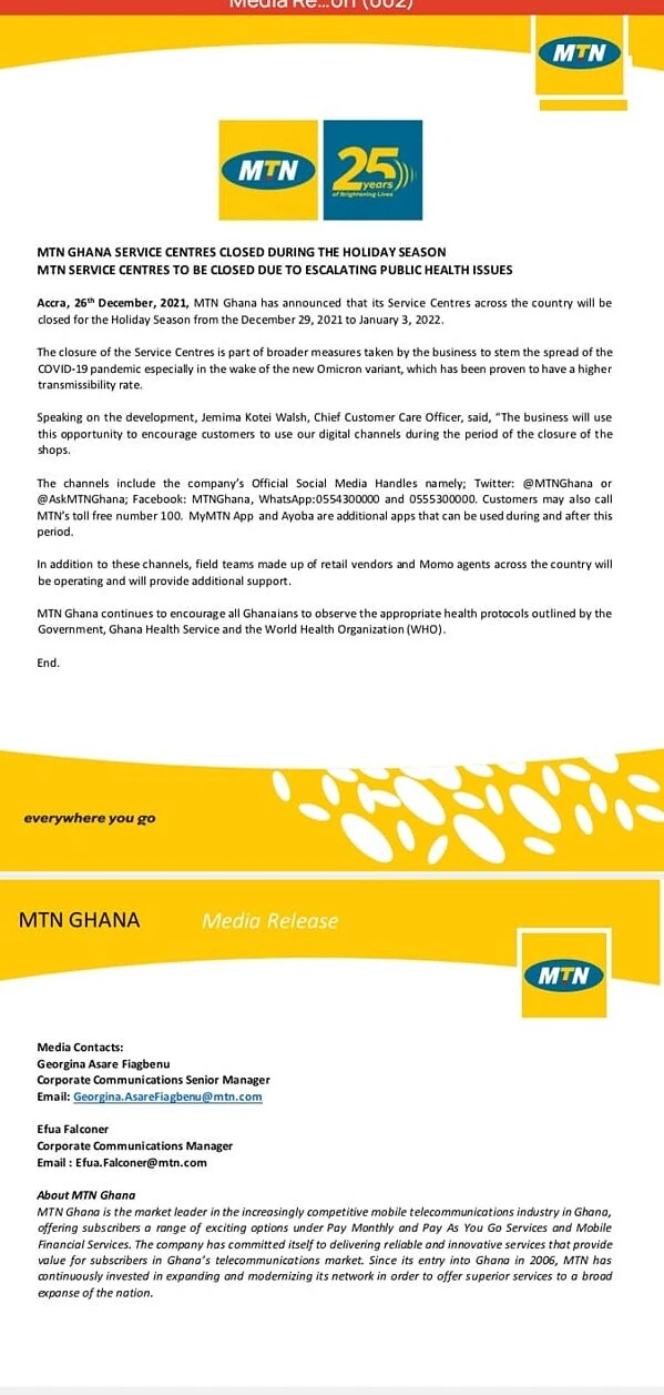 MTN to shut down all service centres across the country from Wednesday over Covid-19