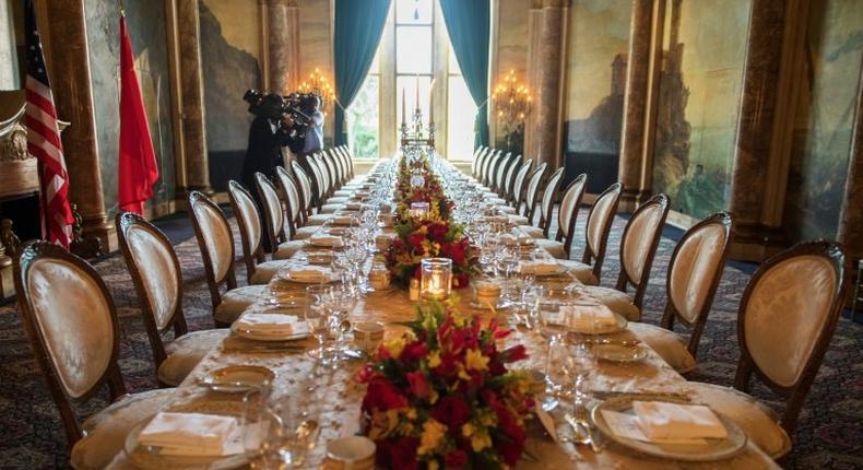 The table setting for US President Donald Trump and Chinese President Xi Jinping's dinner at the Mar-a-Lago estate in West Palm Beach, Florida, on April 6, 2017