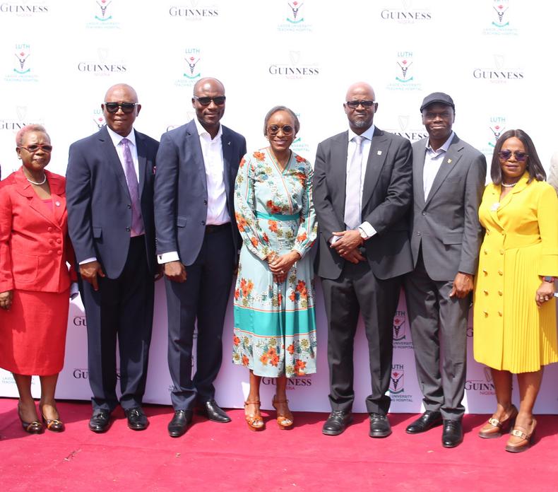 L-R: Consultant LUTH, Prof Folasade Akinsola; Special Guest of Honour, Prof Chris Bode; Incoming Managing Director, Guinness Nigeria PLC, Mr Adebayo Alli; Board Chair Guinness Nigeria PLC, Dr. Omobola Johnson; Chief Medical Director, LUTH, Prof Wasiu Lanre Adeyemo, FAS; Corporate Relations Director Guinness Nigeria PLC, Mr Rotimi Odusola; Consultant LUTH, Prof Adeola Onakoya at the remodelled Guinness Eye Clinic commissioning event.