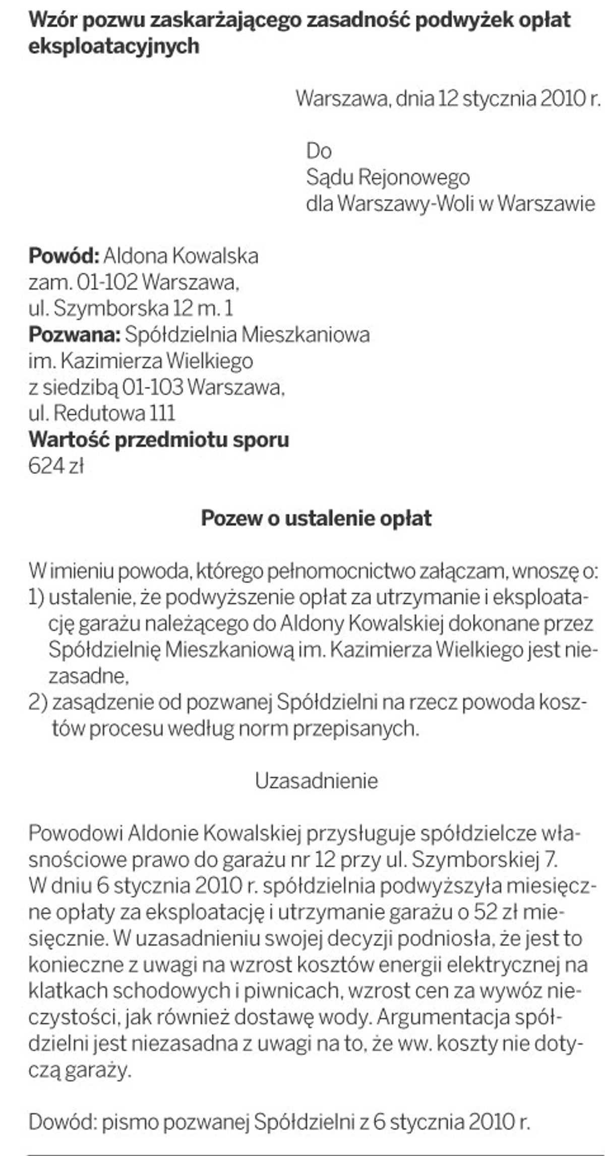 Wzór pozwu zaskarżającego zasadność podwyżek opłat eksploatacyjnych