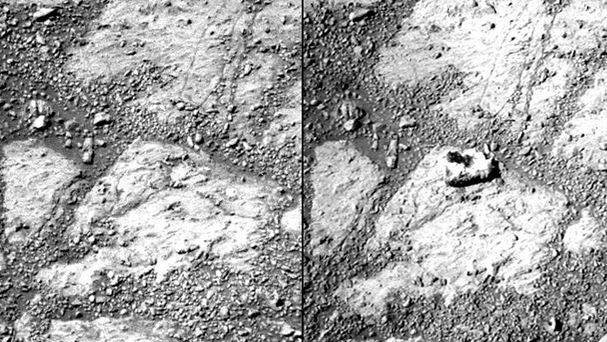 Naukowcy z NASA, podczas analizowania fotografii z Marsa, które wykonał łazik Opportunity, zostali całkowicie zaskoczeni. Łazik wykonał dwa zdjęcia tego samego miejsca i na jednym z nich badacze dostrzegli kawałek skały, którego nie powinno tam być - relacjonuje "Time".