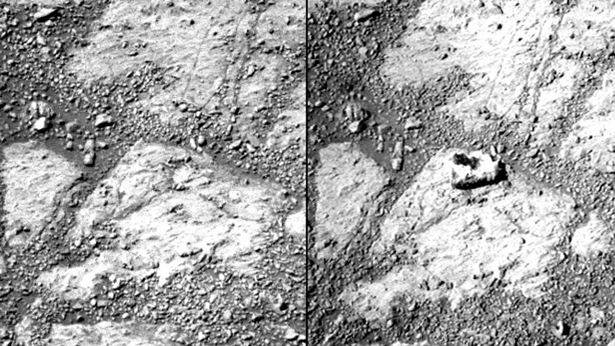 Naukowcy z NASA, podczas analizowania fotografii z Marsa, które wykonał łazik Opportunity, zostali całkowicie zaskoczeni. Łazik wykonał dwa zdjęcia tego samego miejsca i na jednym z nich badacze dostrzegli kawałek skały, którego nie powinno tam być - relacjonuje "Time".