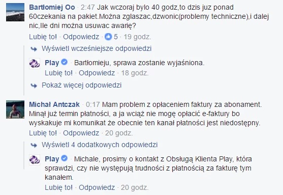 Komentarze klientów Play zgłaszających problemy z działaniem usług