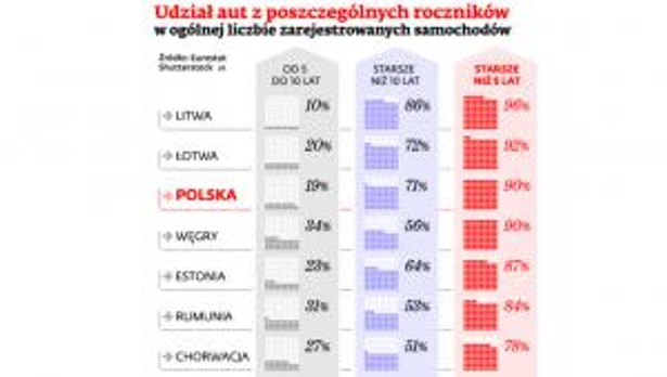 Udział aut z poszczególnych roczników w ogólnej liczbie zarejestrowanych samochodów