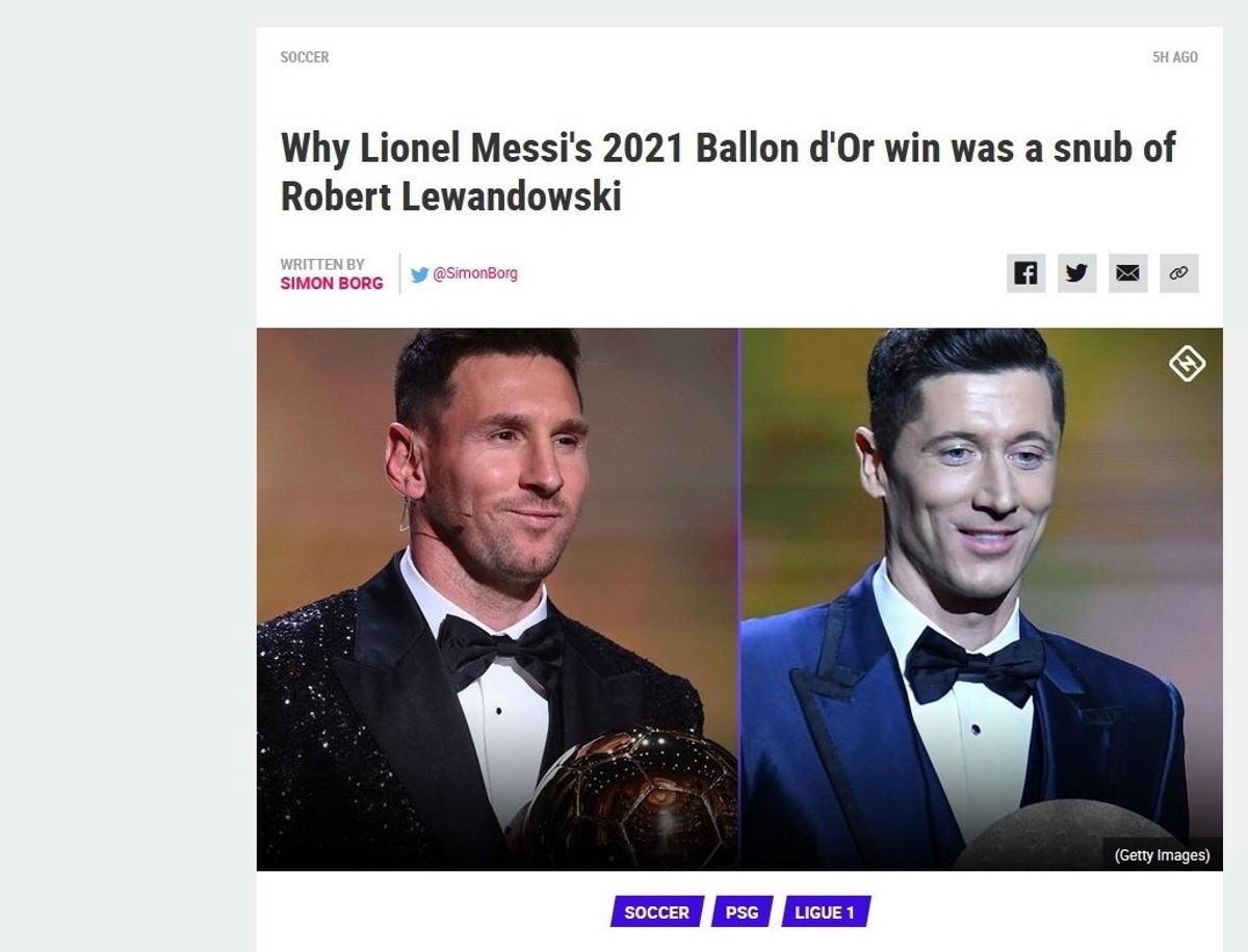 Komentarze zagranicznych portali internetowych na temat wyników plebiscytu magazynu "France Football" na najlepszego piłkarza świata w 2021 roku. Robert Lewandowski zajął drugie miejsce, najwyższe w historii polskiego futbolu, w plebiscycie "France Football". Po raz siódmy, co jest rekordem, triumfował Argentyńczyk Lionel Messi