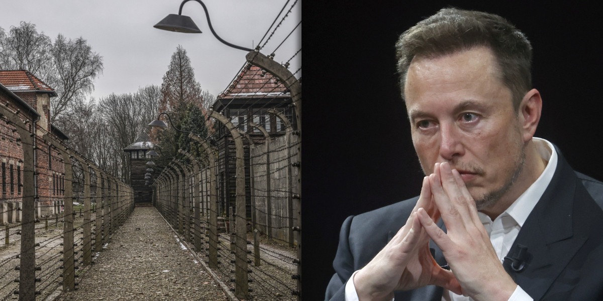 Po lewej: niemiecki nazistowski obóz zagłady Auschwitz-Birkenau. Po prawej: Elon Musk, właściciel m.in. platformy X.