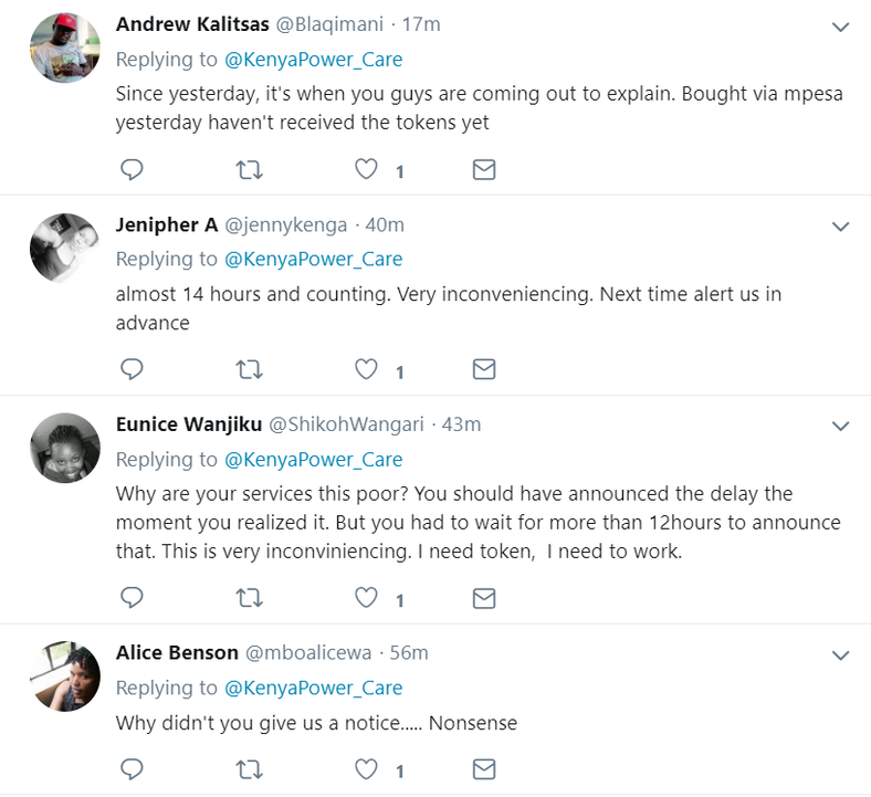 Comments shared on Kenya Power's deleted statement on tokens delay (Twitter) 