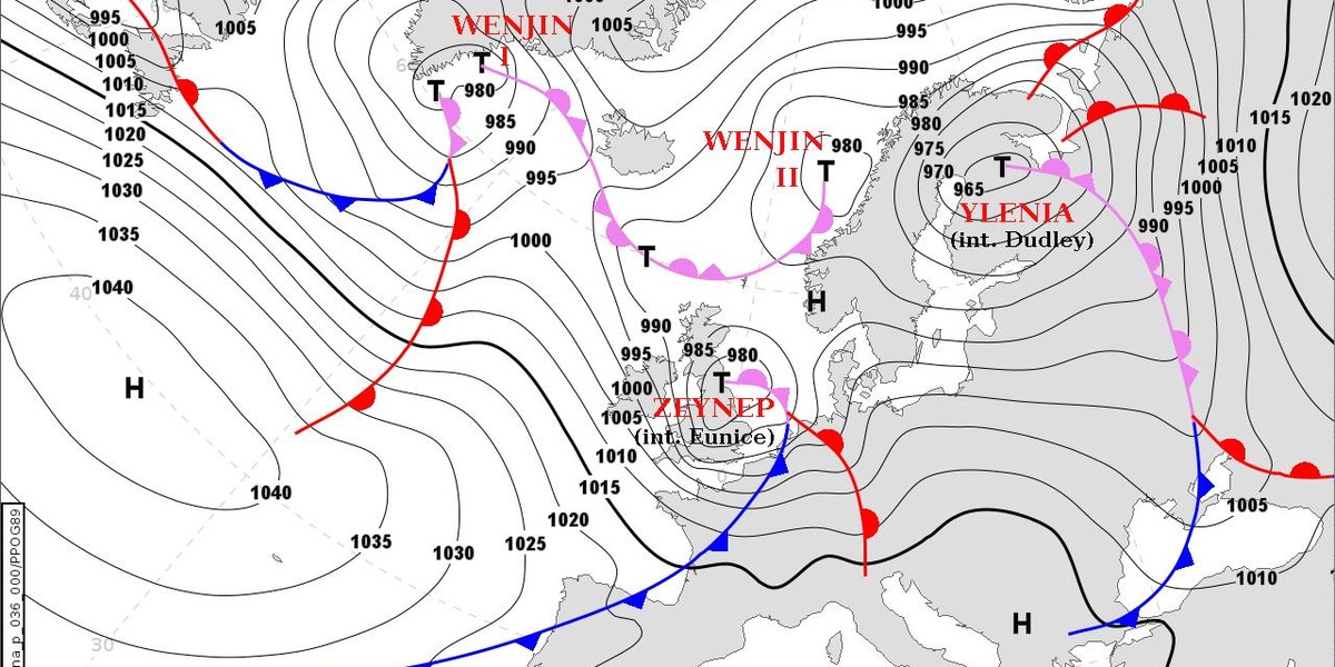 Prognoza sytuacji barycznej z imionami niżów na piątek 18.02.2022 godz. 12 UTC (13 czasu lokalnego).