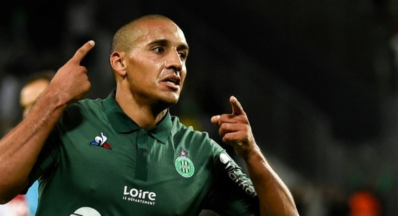 At the double: Saint-Etienne's Tunisian midfielder Wahbi Khazri celebrates after scoring