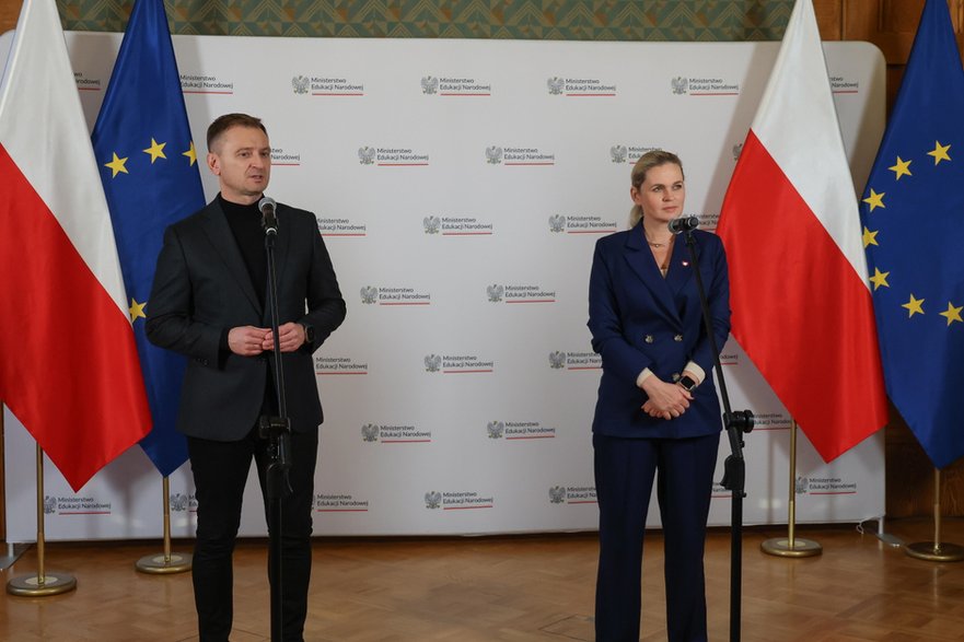 Barbara Nowacka i  Sławomir Nitras podczas konferencji prasowej, 12 listopada 2024 r.