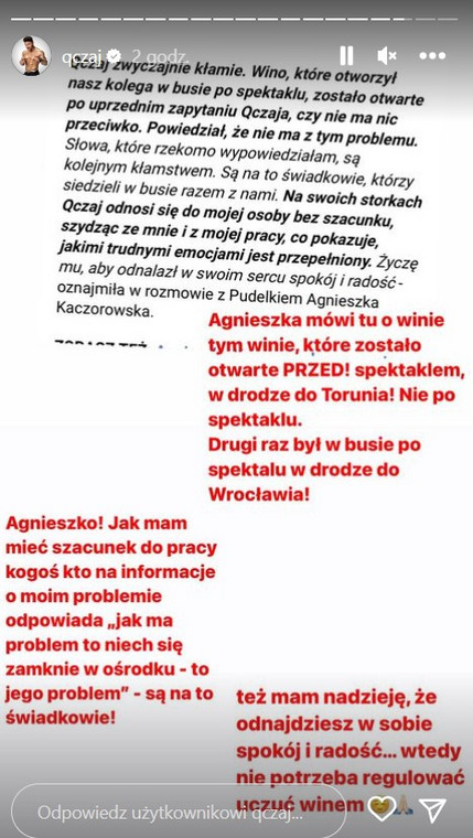 Qczaj o Agnieszce Kaczorowskiej na InstaStory