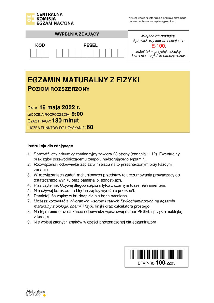 Fizyka - matura rozszerzona - arkusze egzaminacyjne - 2022