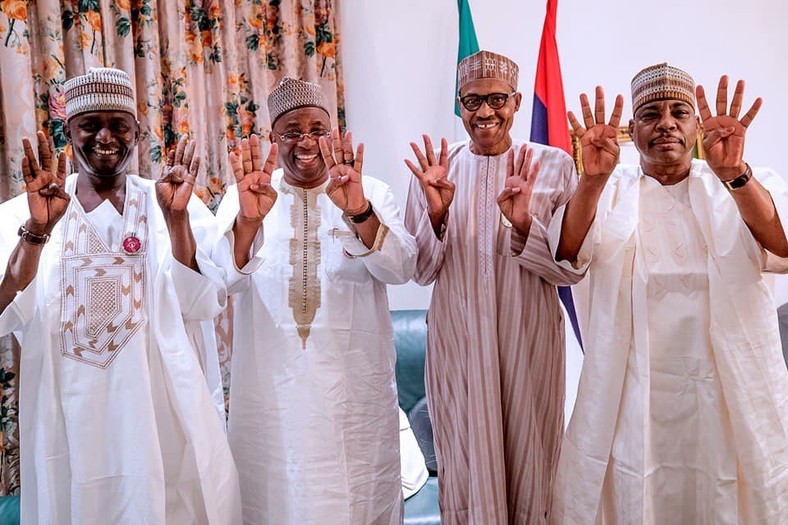 L-R: Gamawa Babayo, Bauchi governor, Mohammed Abubakar, President Muhammadu Buhari and former PDP BOT member, Kaulaha Aliyu [Twitter/@fkeyamo] 