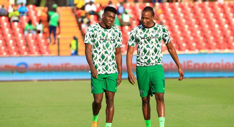 Joe Aribo (R) with Nigeria teammate Taiwo Awoniyi before the Super Eagles' Africa Cup of Nations game against Sudan Creator: Daniel BELOUMOU OLOMO